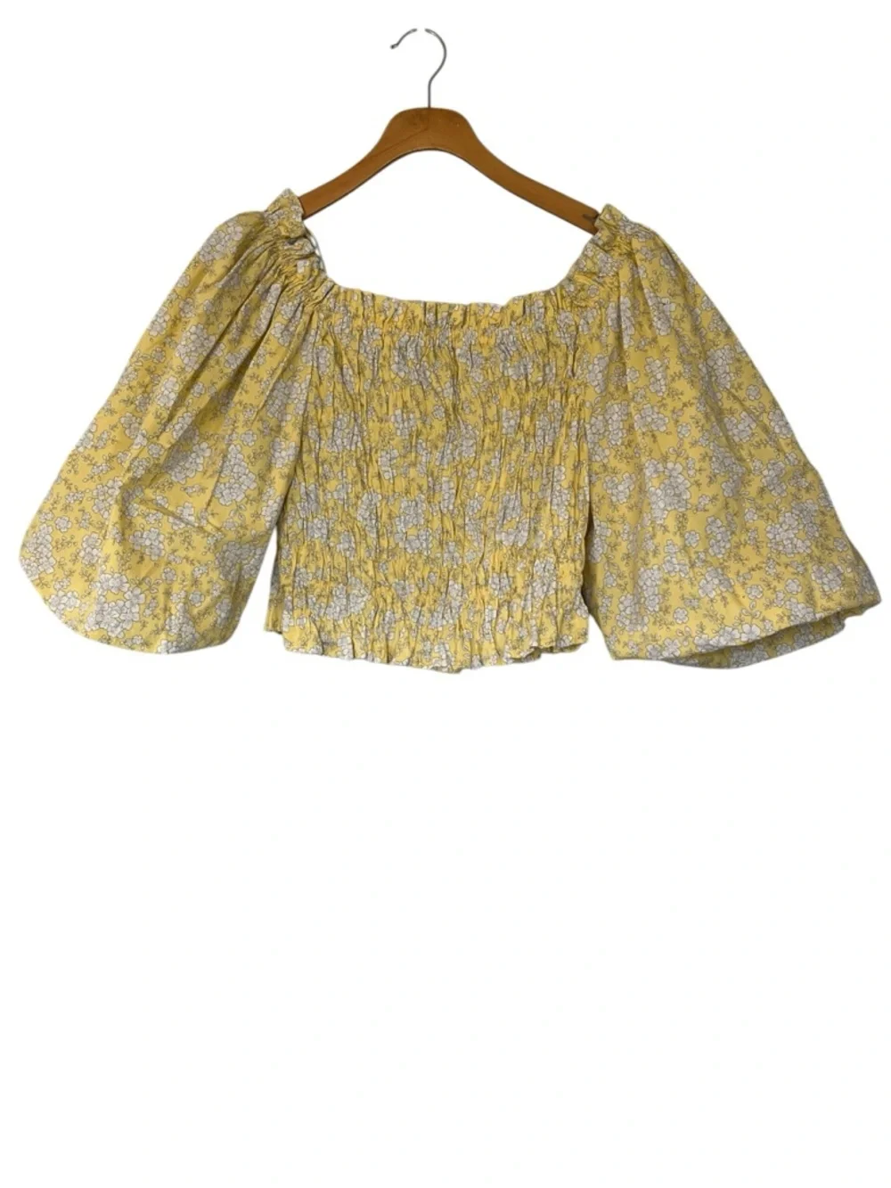 Puff Sleeve Floral Smocked Off-Shoulder Crop Top Size L Cotton Poplin Yellow